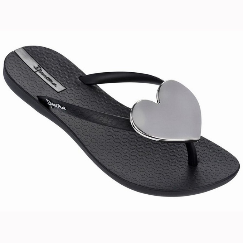 Black / Silver Ipanema Wave Heart Women's Flip Flops | VC4029381